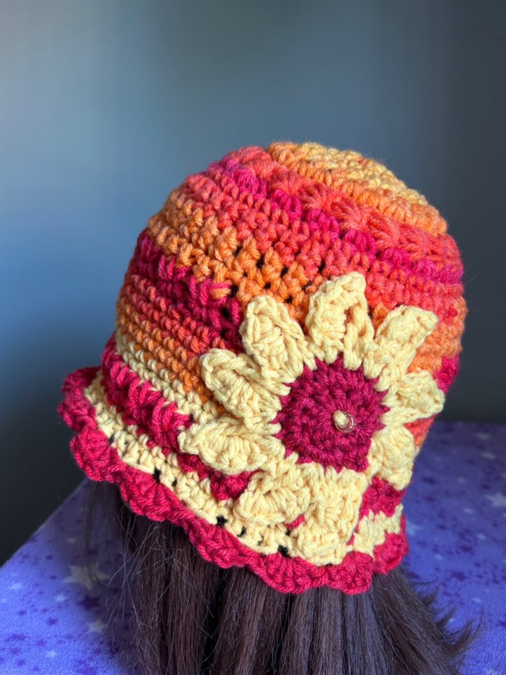 Handmade  Crochet Sunflower Beanie Hat medium single strand acrylic